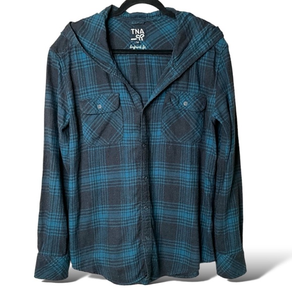 Aritzia Tops - ARITZIA TNA 100% Cotton Flannel Plaid Hooded Boyfriend Fit  Shacket US Sz M